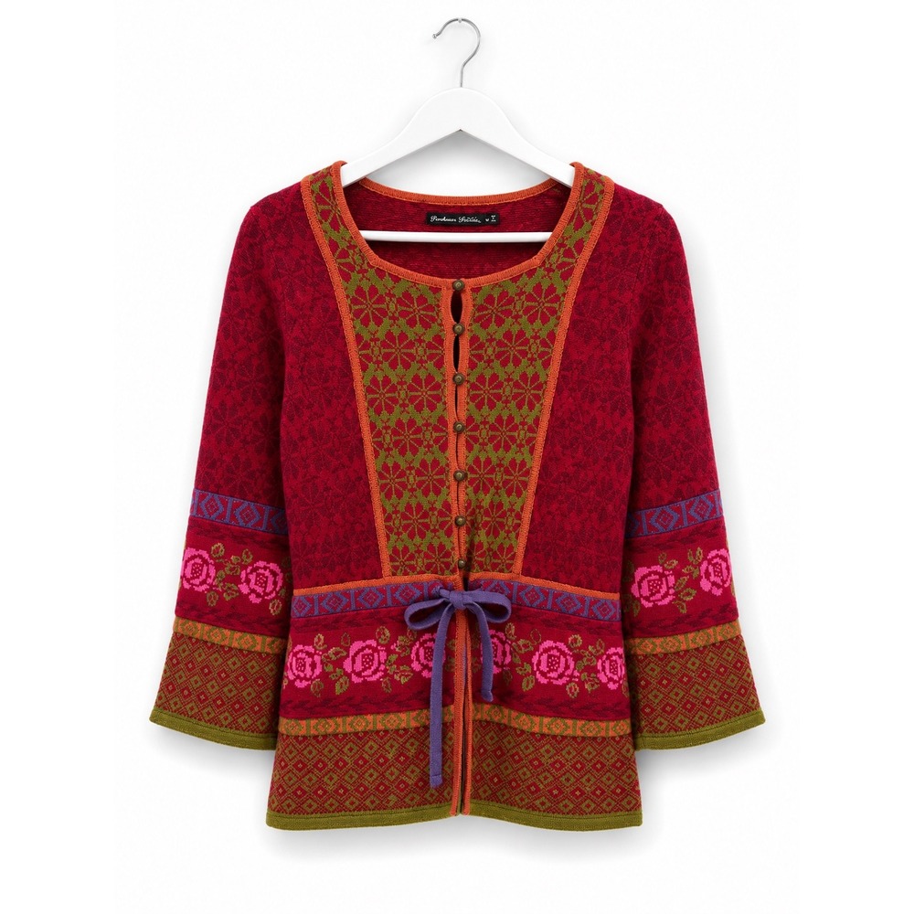 Gudrun Sjoden M Floral Wool Cotton Cardigan Sweater Tie Waist Nordic Boho Folk
